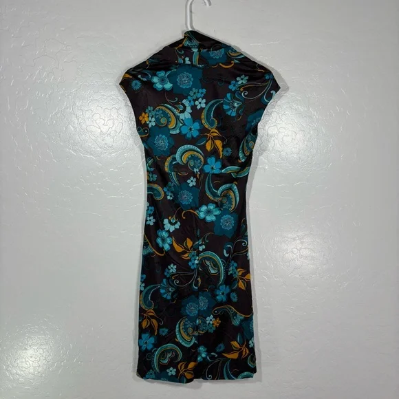 Trina Turk Brown & Blue Floral Dress Cap Sleeve Middle Ruching Viscose Size 2 - Picture 6 of 6